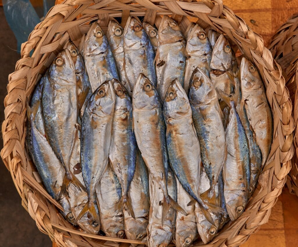 Fish in a basket in a food market in Phnom Penh, Cambodia
