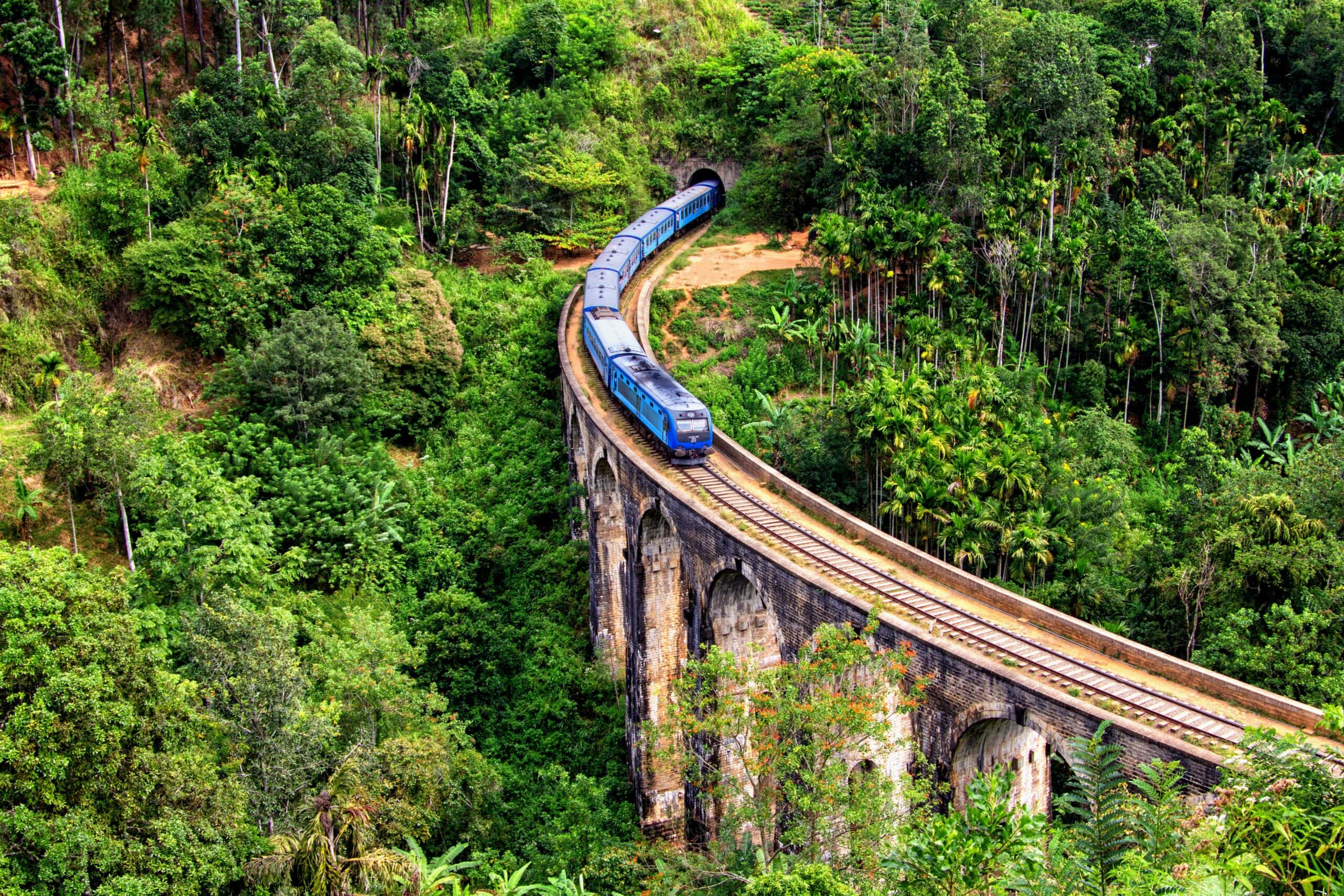 Train passing along the Nine Arch Bridge in Ella, Sri Lanka