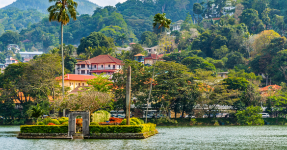 Old kingdom of Kandy in Sri Lanka, with green trees and red-roofed buildings.