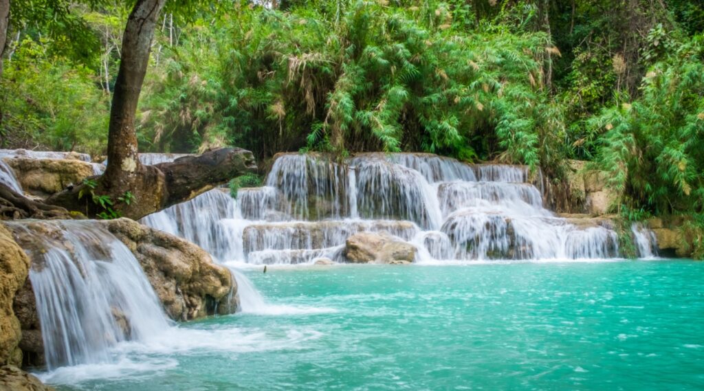 Picturesque tiered waterfalls at Kuang Si Falls in Laos