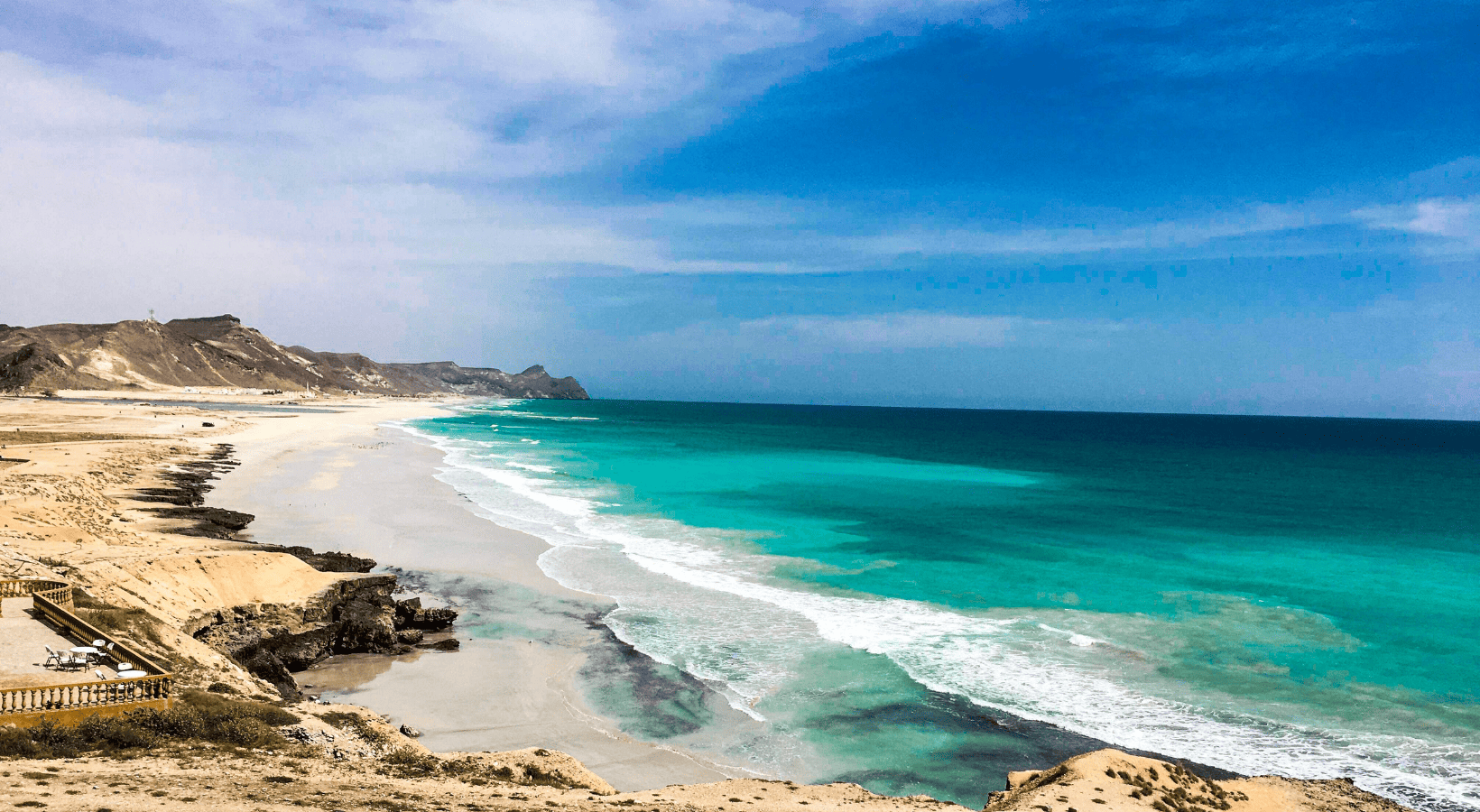 Beautiful turquoise water meets the rugged coastline of a beach in Oman