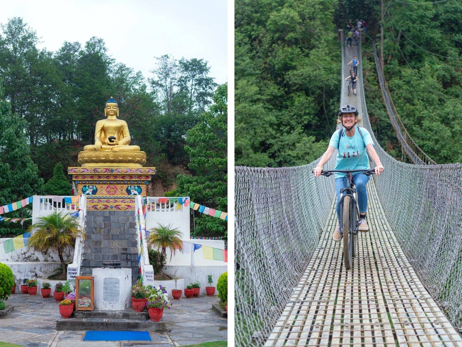 Golden Buddha statue at Buddha Peace Park in Shanti Danda village, Nepal, surrounded by lush greenery and adorned with colourful prayer flags – a serene stop on a luxury adventure tour with Experience Travel Group & Sara Wells cycling across a suspension bridge in Nepal, enjoying a thrilling and scenic ride through dense forest – an exclusive adventure with Experience Travel Group.
