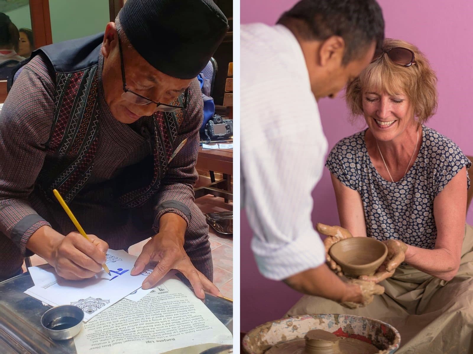 Sara Wells engaging in a pottery workshop with a local artisan, capturing the authentic cultural exchange and hands-on experience offered by Experience Travel Group.