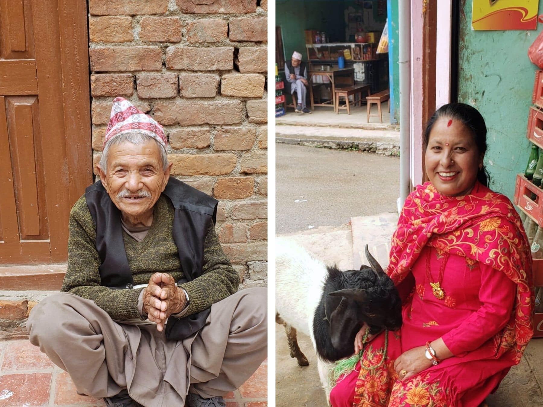 Smiling elderly man with traditional hat sitting outside a brick house and a cheerful woman in a vibrant red dress with a goat on her lap in a remote village in Nepal