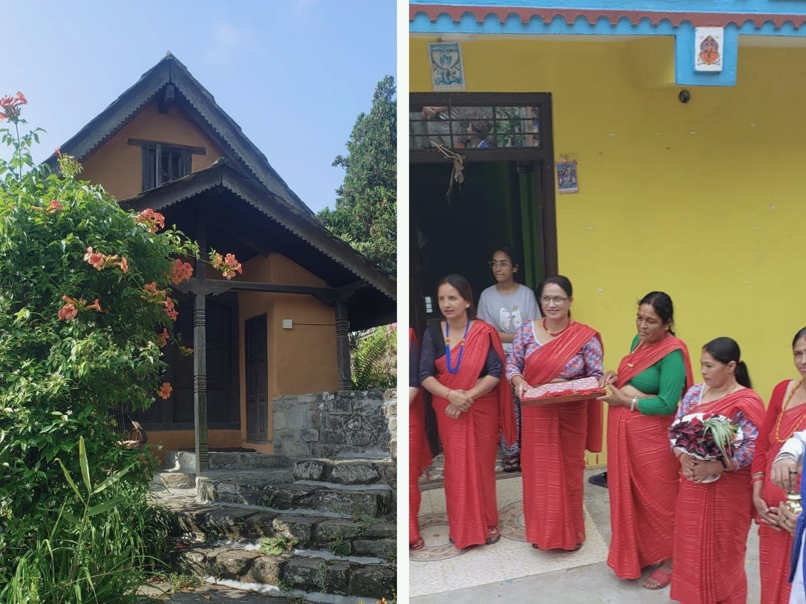 Traditional house in Nepal with women in vibrant red attire offering a warm welcome to visitors arriving at the community homestay.