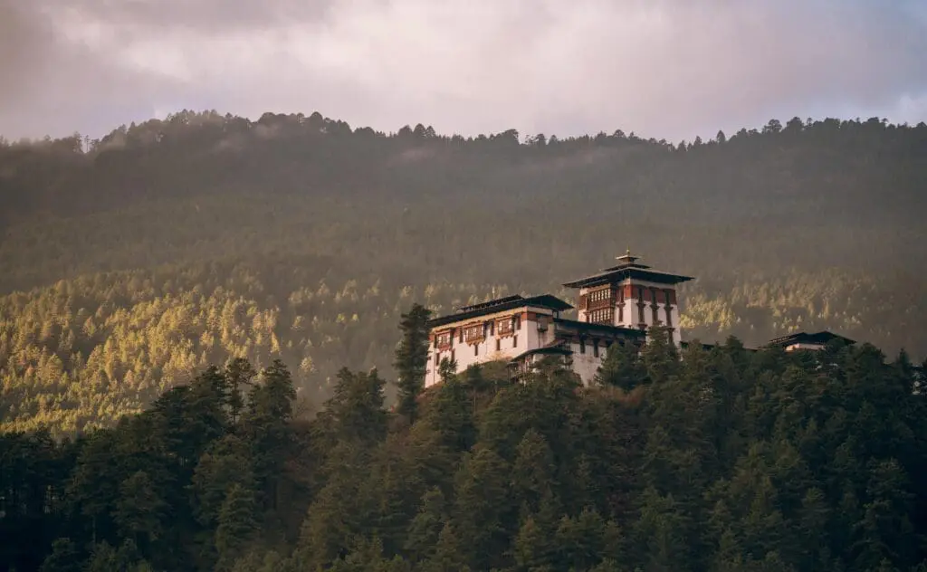 A view of the Amankora Paro nestled in the mountains of Bhutan