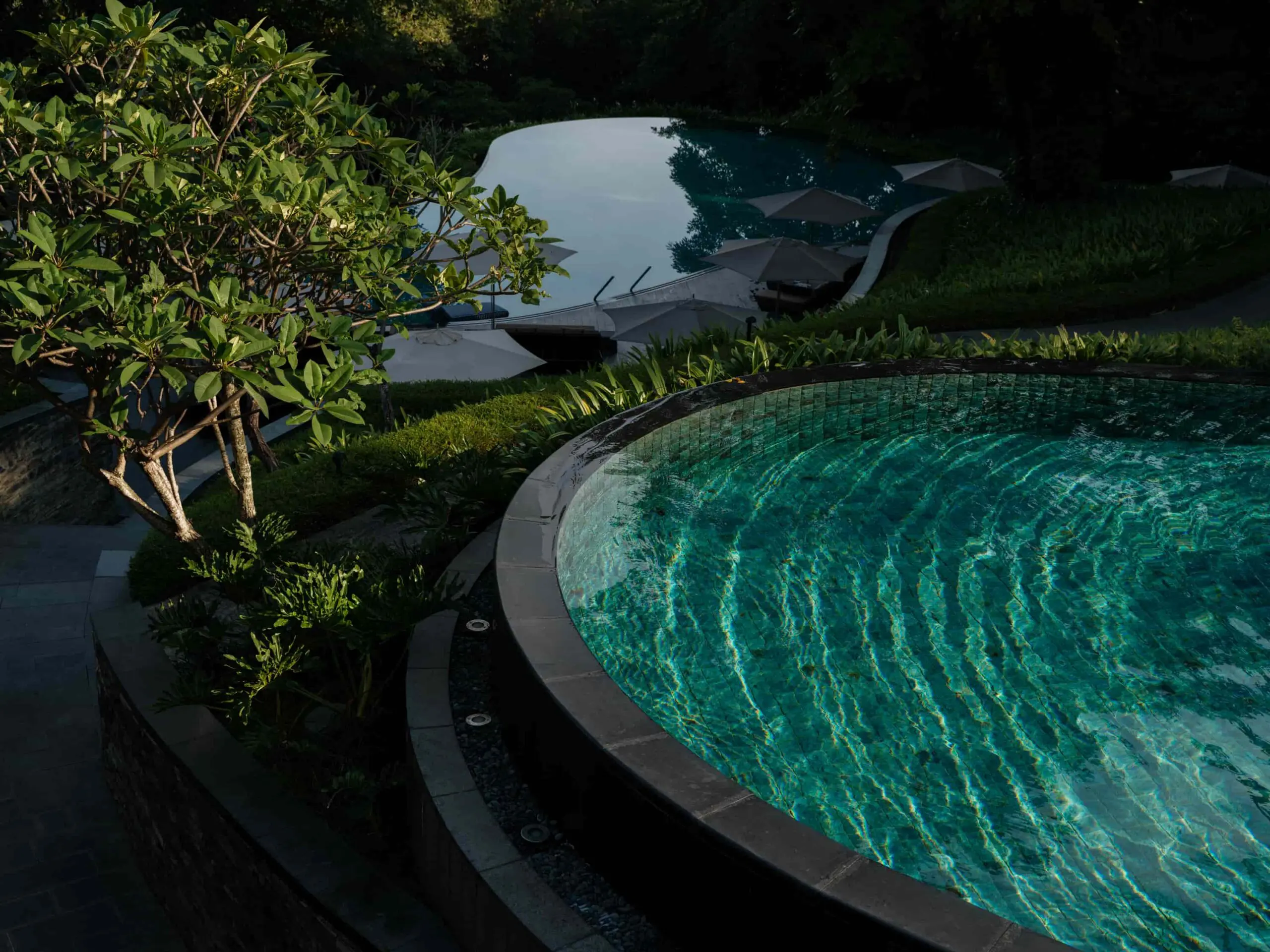 Swimming pool at Capella Singapore surrounded by tropical greenery