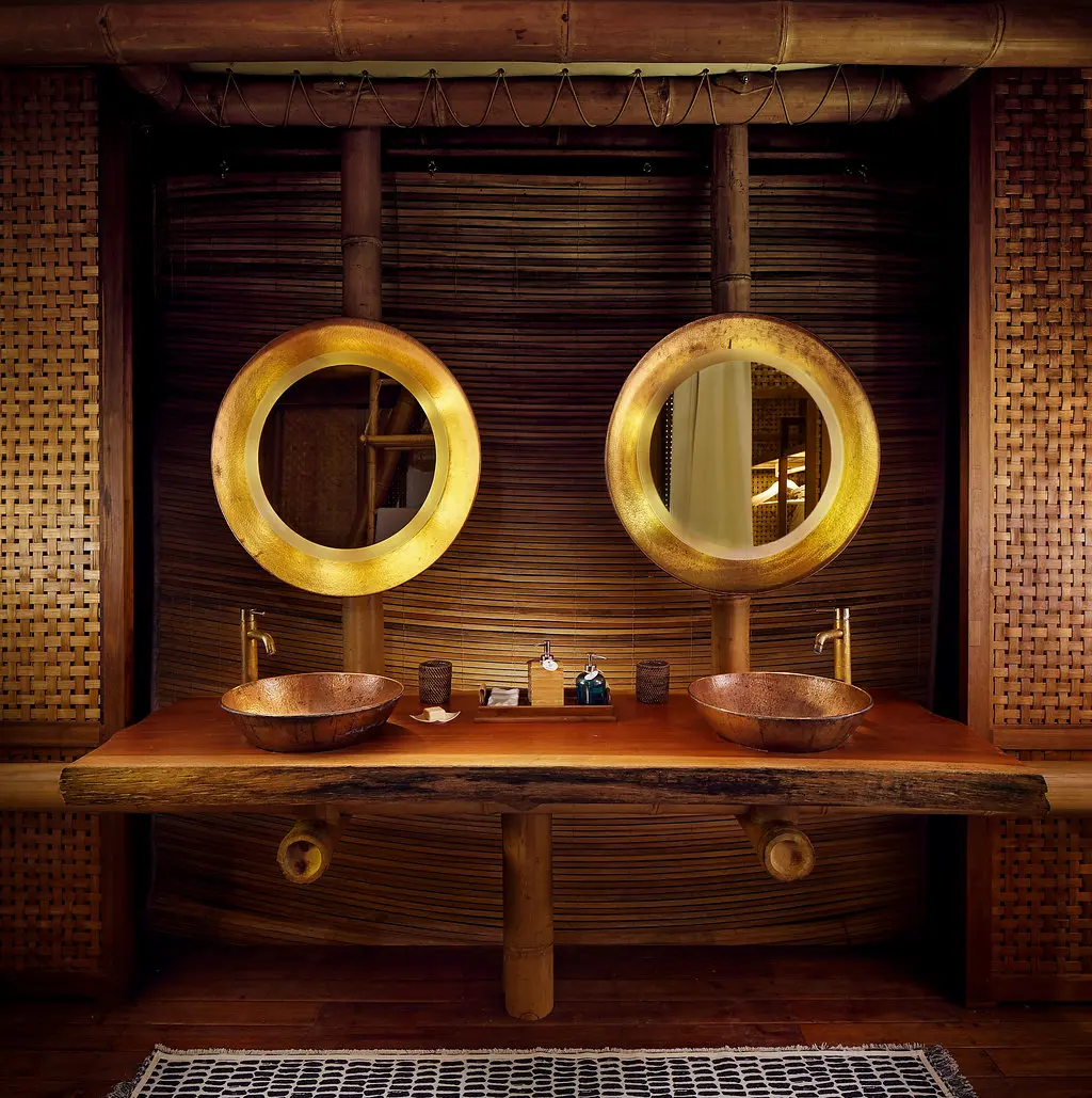 Luxury bathroom interior with twin sinks at Bawah Reserve Indonesia