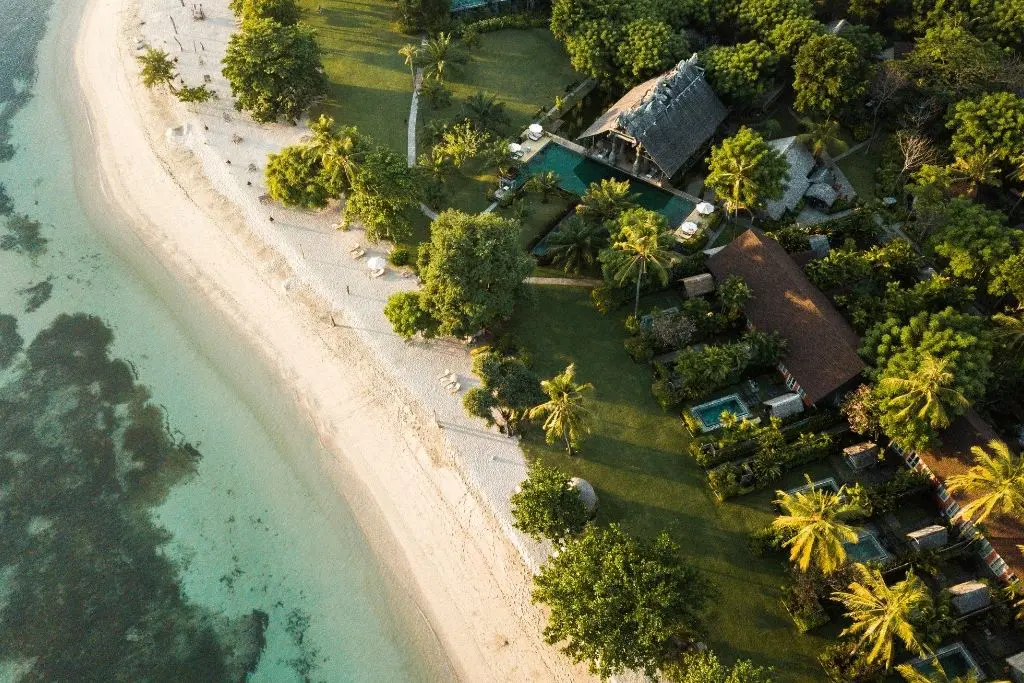 Aerial view of Tugu Lombok resort and beachfront, Indonesia