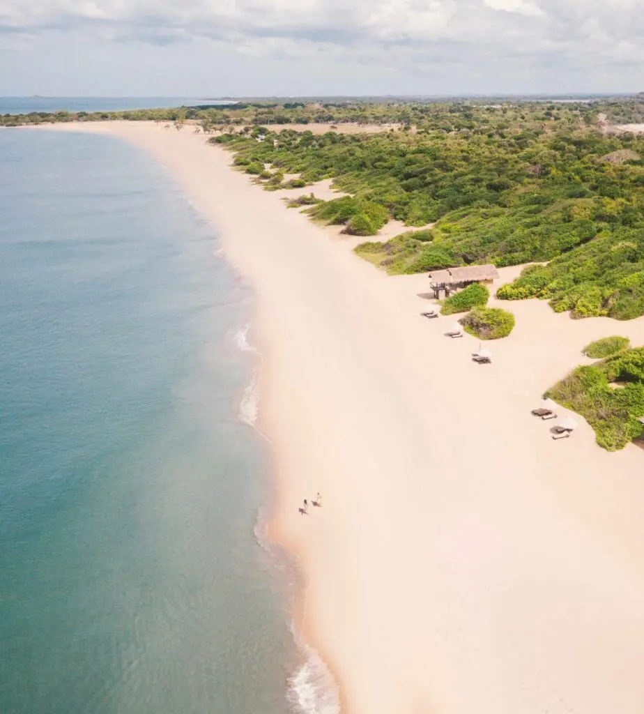 Aerial view of secluded beach at Uga Jungle Beach with golden sand and coastal forest