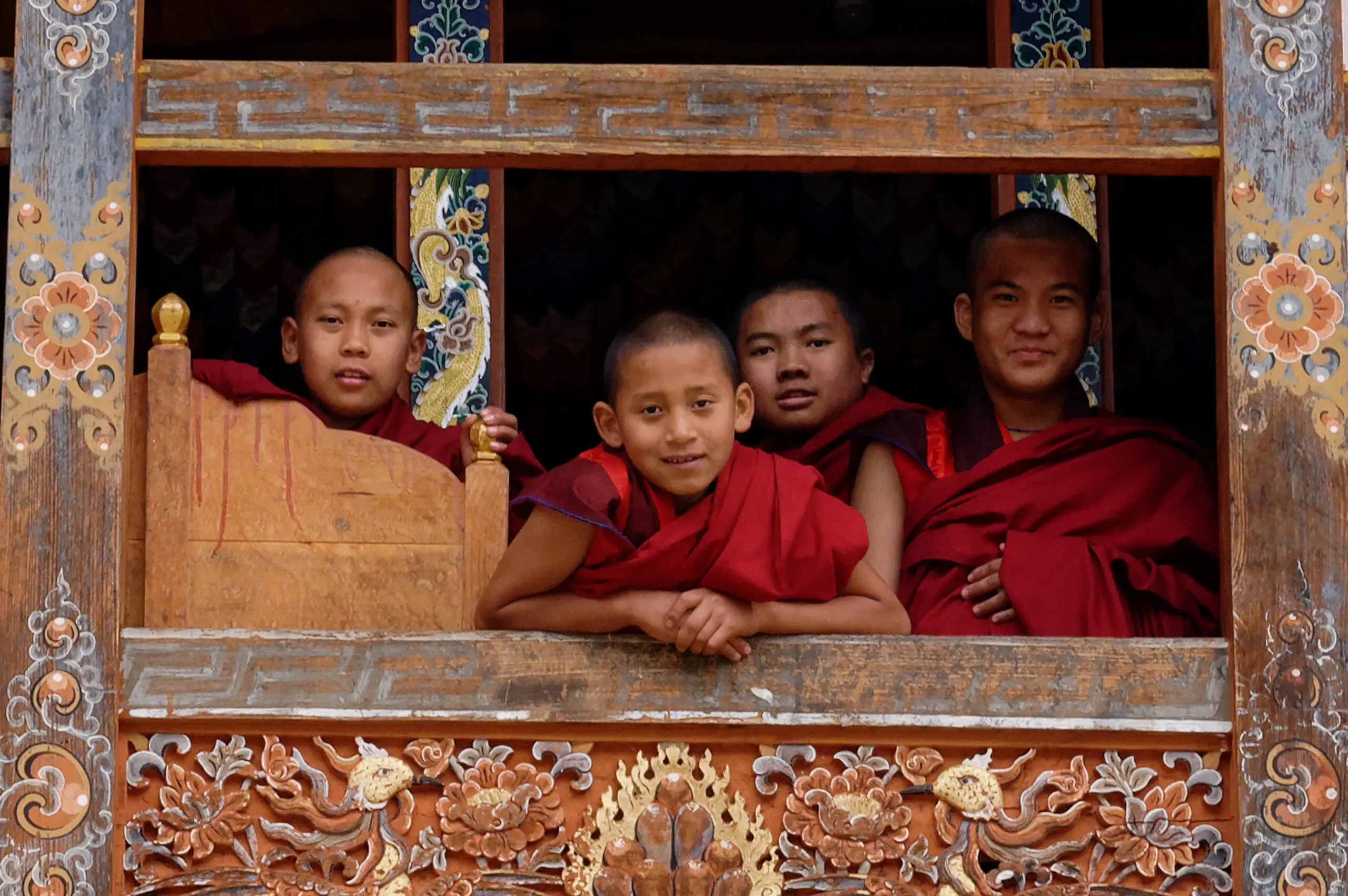 Young Buddhist monks at a monastery in Bhutan