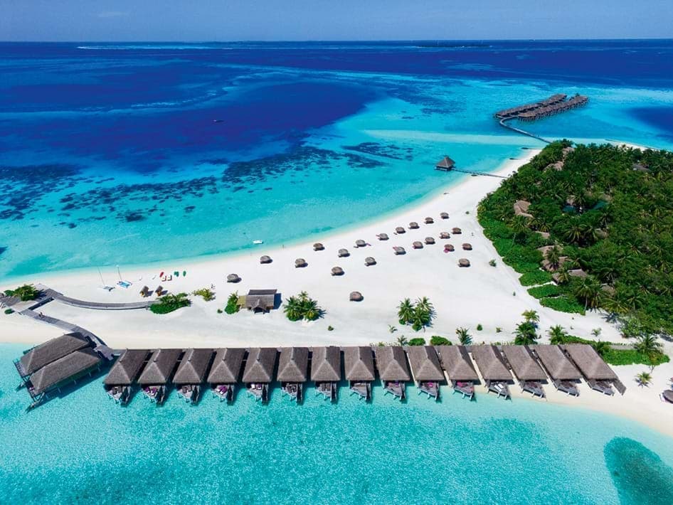 Constance Moofushi Aerial view of overwater villas