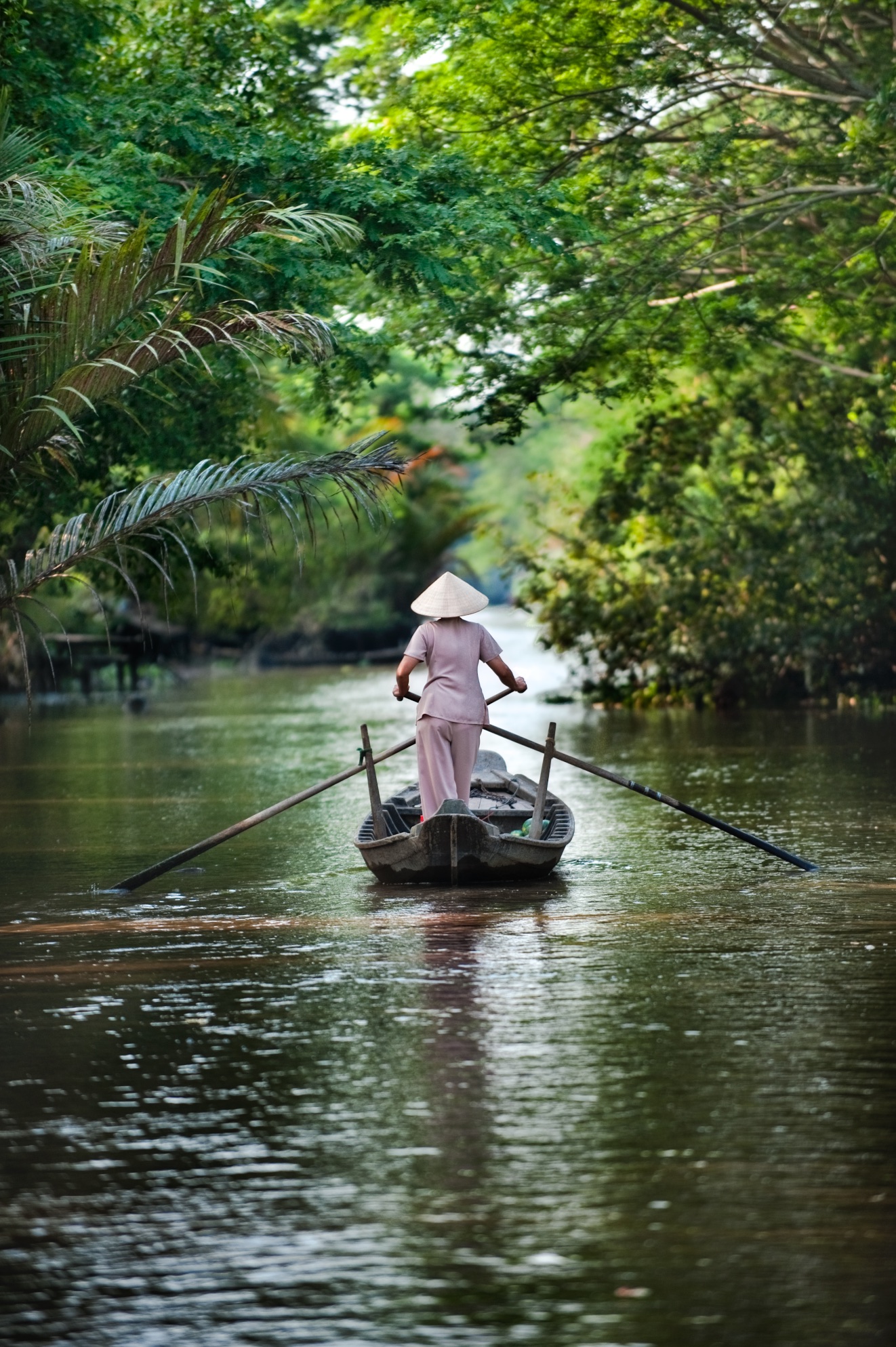 A woman rows her sampan through lush vegetation down a river canal near Phong Dien