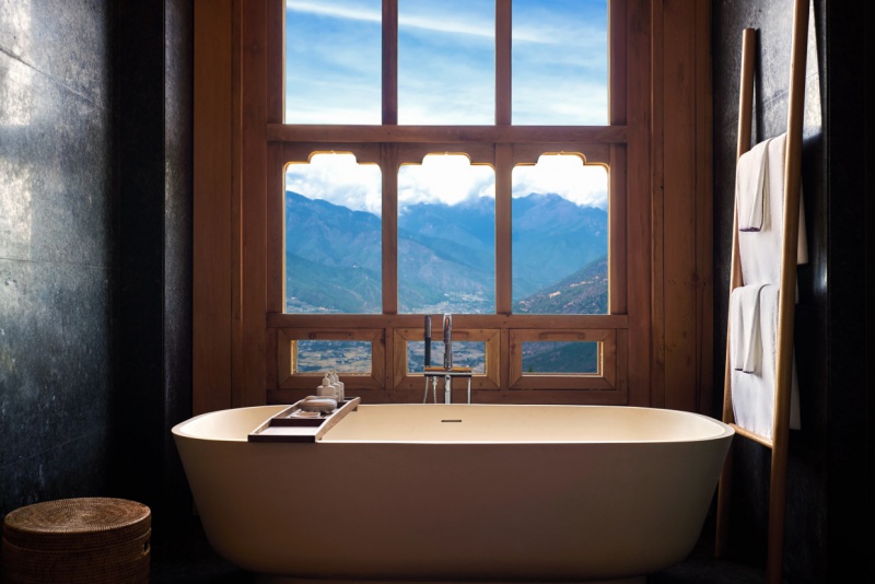 bathroom with view at Six Senses Paro