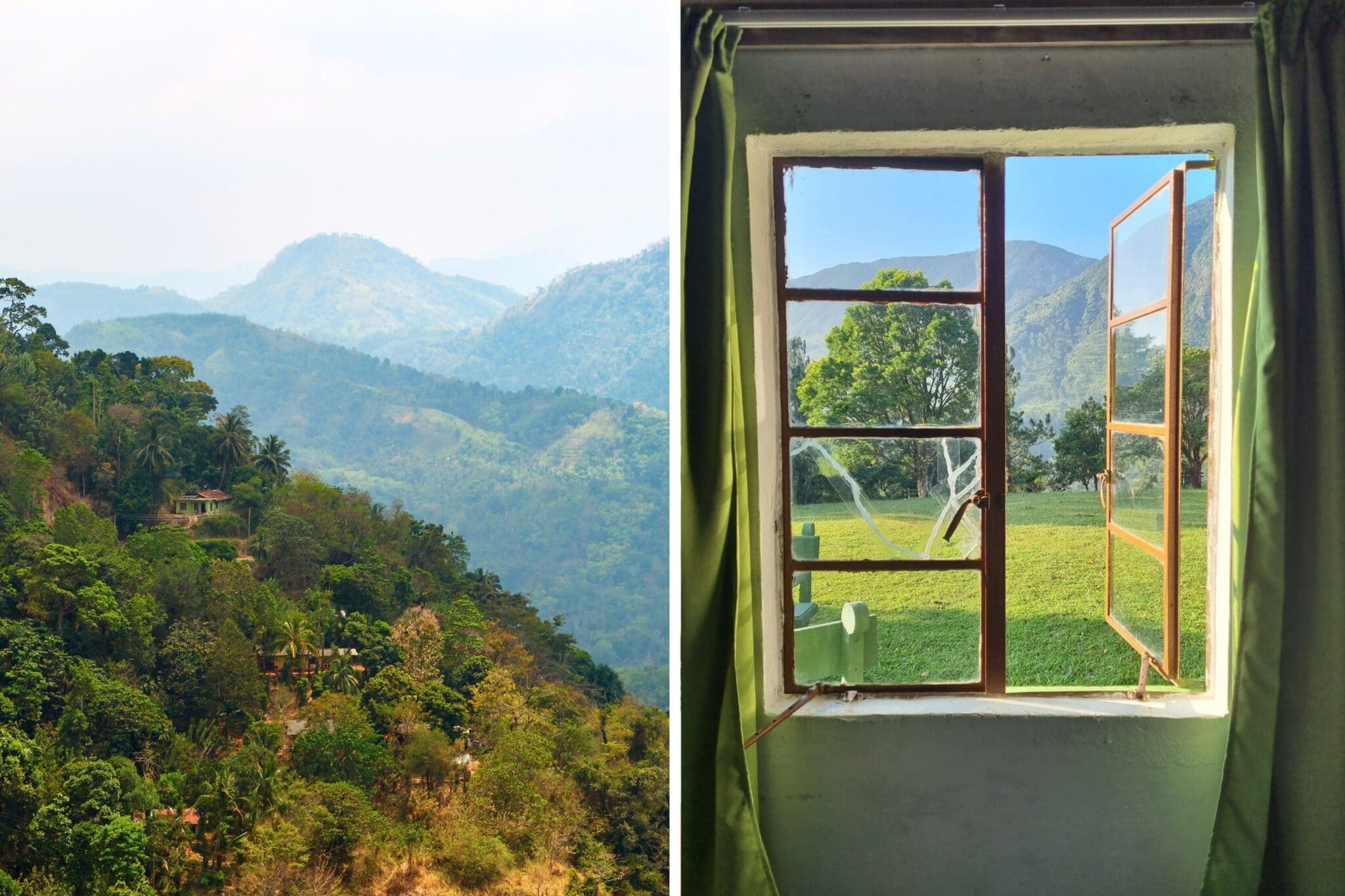 View through open window onto Sri Lanka hill country with tea plantations and mountains